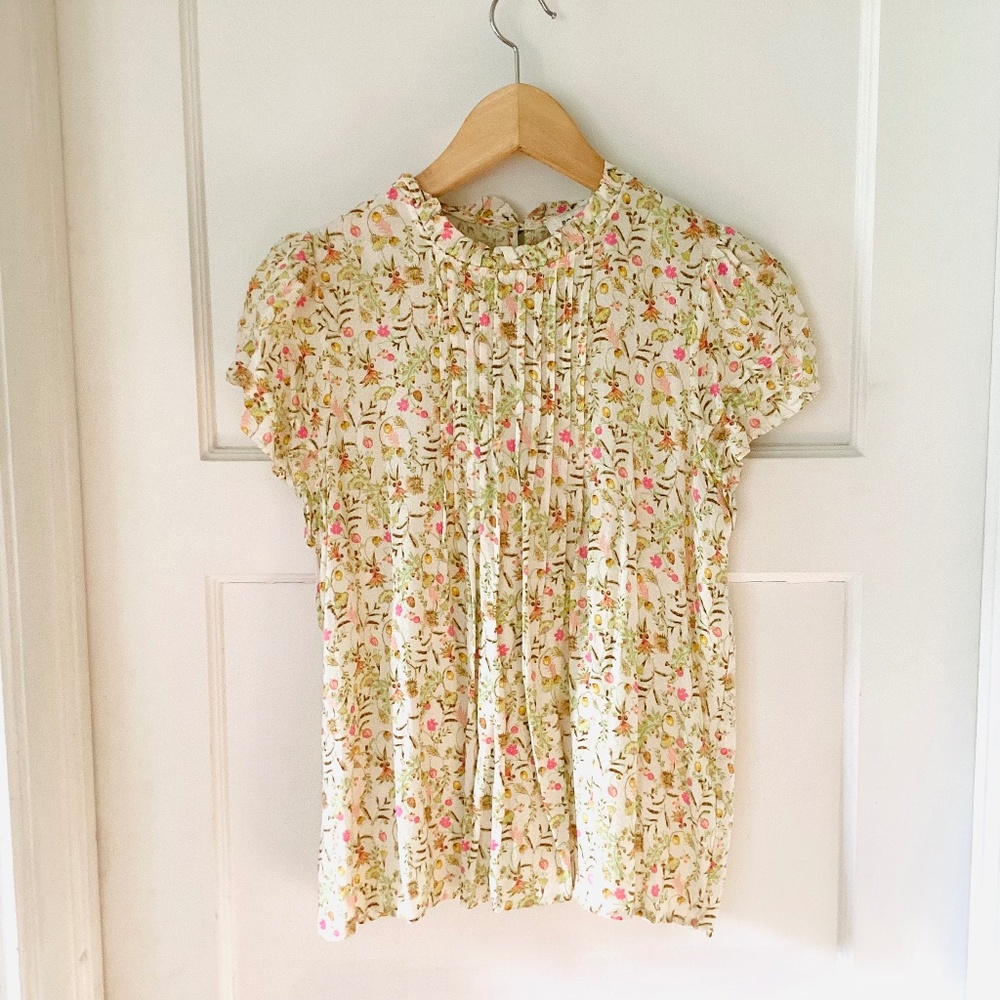 Rose+Olive women’s S micro floral rayon pleated ruffled blouse short sleeve top